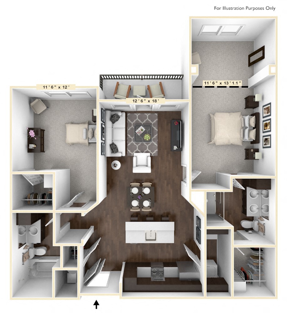 Floor plan for 2 beds, 2 baths, 1212 sqft